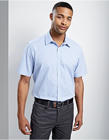 P-PR221-Mens Microcheck (Gingham) Short Sleeve Cotton Shirt